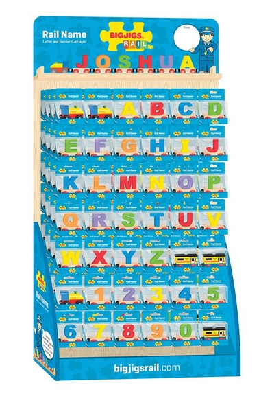 slinger Ecologie Voorstad Babywinkel Het Rietje, Big Jigs rail vrolijke houten gekleurde letter  treintjes